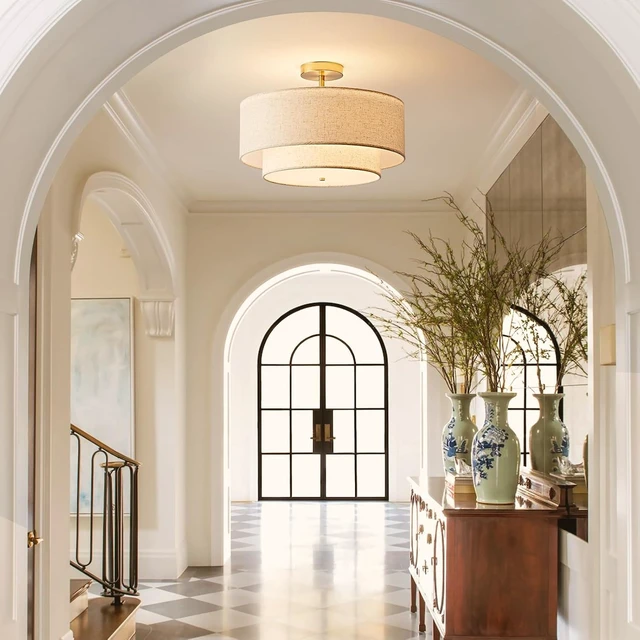 Alt view image 7 of 7 - 18 Inch Double Drum Large Semi Flush Mount Ceiling Light, 3-Light Classic Fabric Linen Shade Design Farmhouse Gold Light Fixture for Living Room, Bedroom, Kitchen, Dining Room