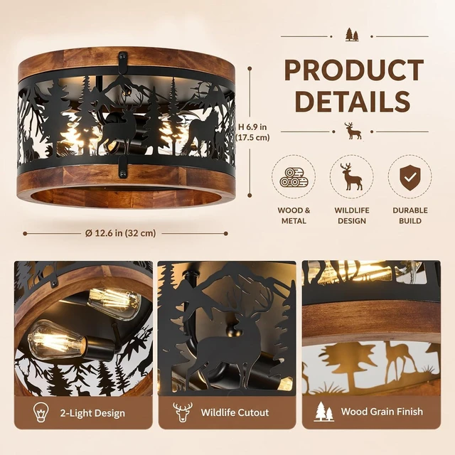 Alt view image 3 of 7 - Rustic Ceiling Light Fixtures-Deer Horse Design, 2-Light E26 Cage