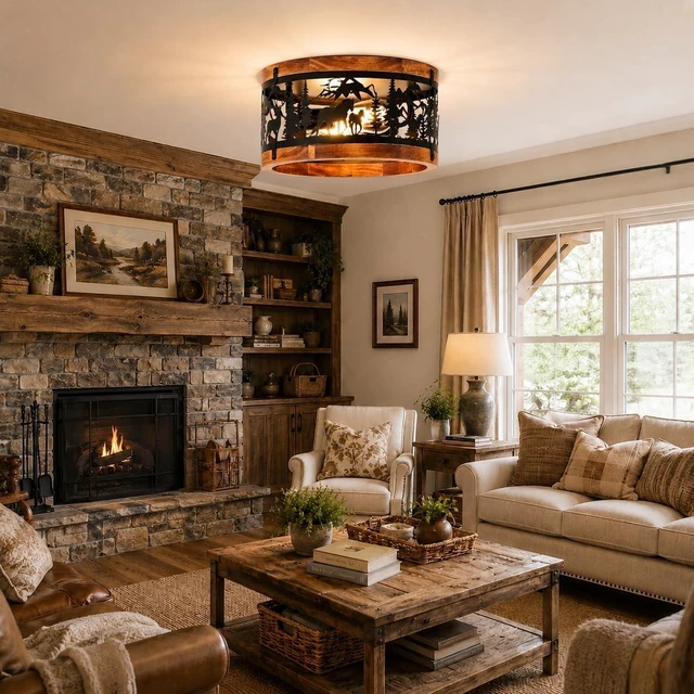 Alt view image 2 of 7 - Rustic Ceiling Light Fixtures-Deer Horse Design, 2-Light E26 Cage
