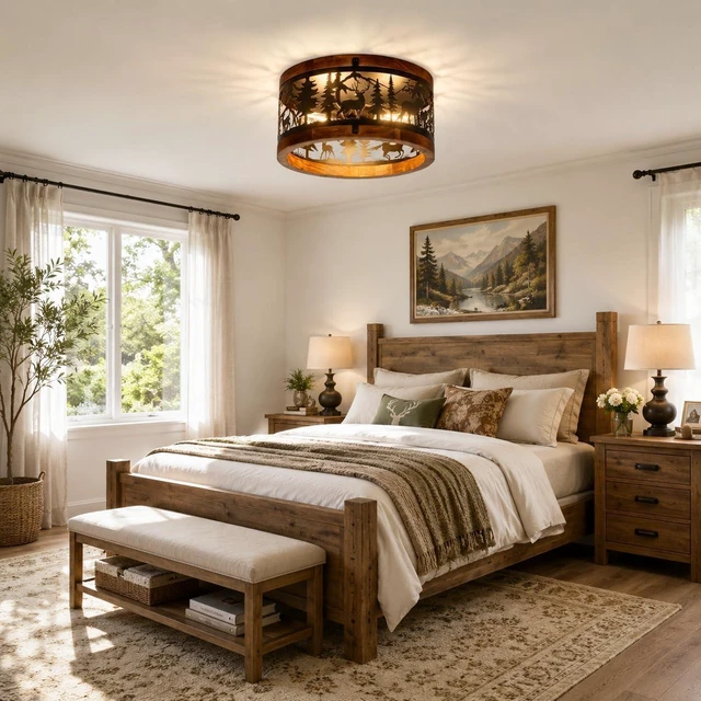 Alt view image 5 of 7 - Rustic Ceiling Light Fixtures-Deer Horse Design, 2-Light E26 Cage