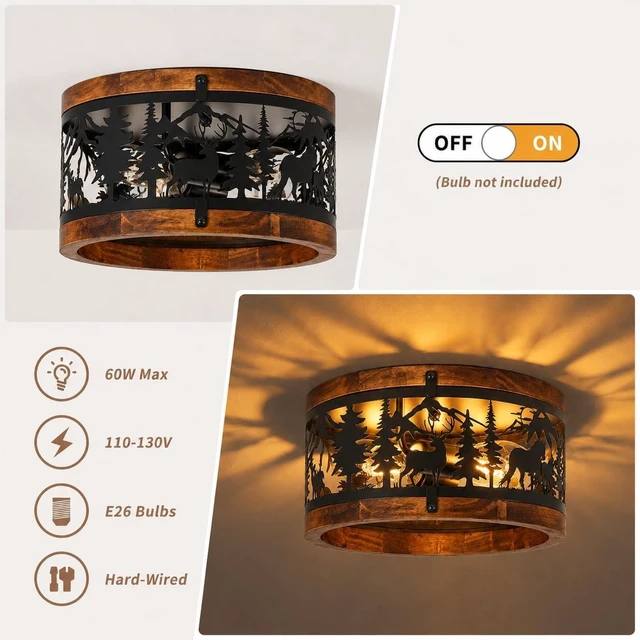 Alt view image 6 of 7 - Rustic Ceiling Light Fixtures-Deer Horse Design, 2-Light E26 Cage