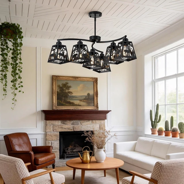 Alt view image 2 of 7 - Rustic Farmhouse Chandelier-Deer Bear, 6-Light Metal Cage