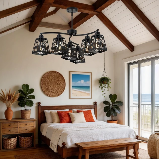 Alt view image 7 of 7 - Rustic Farmhouse Chandelier-Deer Bear, 6-Light Metal Cage