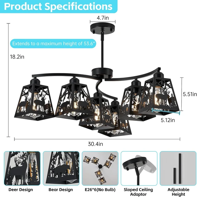 Alt view image 3 of 7 - Rustic Farmhouse Chandelier-Deer Bear, 6-Light Metal Cage