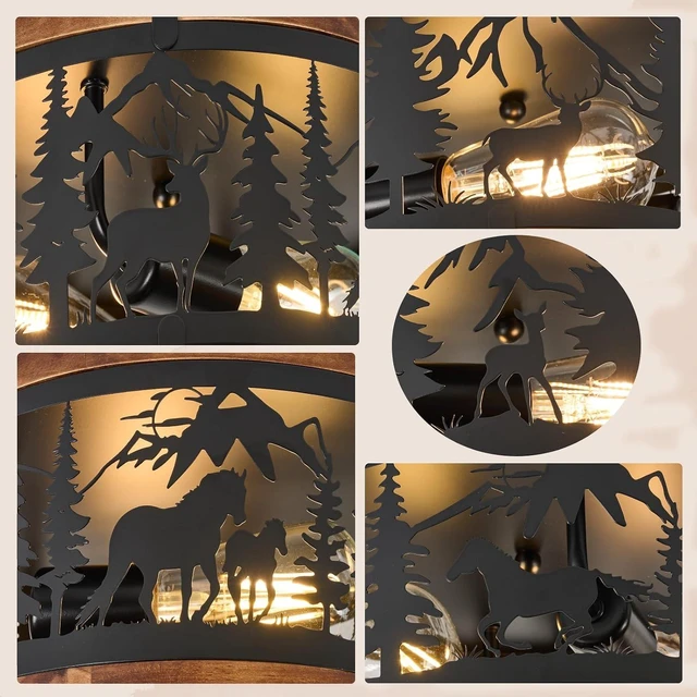 Alt view image 7 of 7 - Rustic Ceiling Light Fixtures-Deer Horse Design, 2-Light E26 Cage