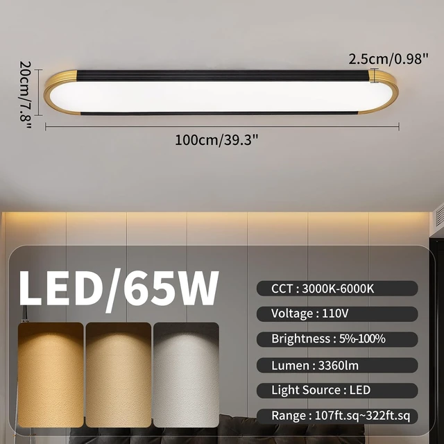 Alt view image 3 of 7 - ADISUN 39.4in Linear Ceiling Light, LED Flush Mount Ceiling Lamp with Remote Control, Dimmable Color Changing, High CRI Black Gold Modern Lighting Fixture for Kitchen Living Room Bedroom Hallway