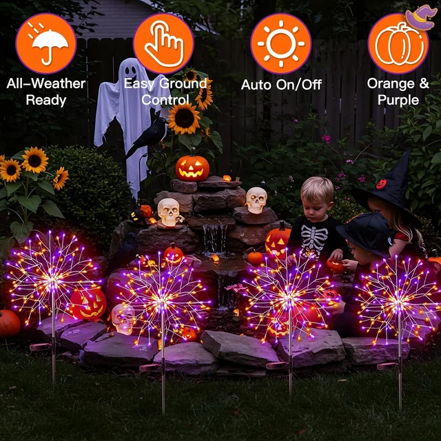 Alt view image 2 of 7 - suddus Solar Halloween Lights Outdoor Solar Powered, Upgrade 2-Pack Orange & Purple Solar Firework Lights, Waterproof Garden Light for Yard Pathway Patio Flowerbed Halloween Decorations