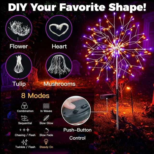 Alt view image 3 of 7 - suddus Solar Halloween Lights Outdoor Solar Powered, Upgrade 2-Pack Orange & Purple Solar Firework Lights, Waterproof Garden Light for Yard Pathway Patio Flowerbed Halloween Decorations