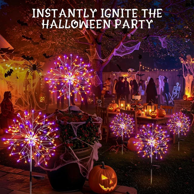 Alt view image 5 of 7 - suddus Solar Halloween Lights Outdoor Solar Powered, Upgrade 2-Pack Orange & Purple Solar Firework Lights, Waterproof Garden Light for Yard Pathway Patio Flowerbed Halloween Decorations