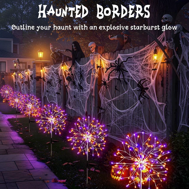 Alt view image 6 of 7 - suddus Solar Halloween Lights Outdoor Solar Powered, Upgrade 2-Pack Orange & Purple Solar Firework Lights, Waterproof Garden Light for Yard Pathway Patio Flowerbed Halloween Decorations