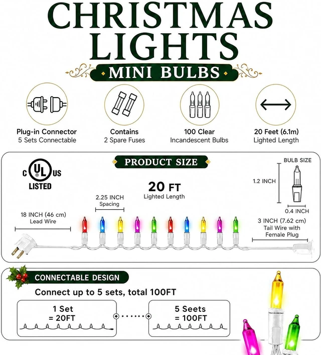 Alt view image 2 of 7 - TW SHINE 2 Pack Incandescent Christmas String Lights 200Count Multi-Colored