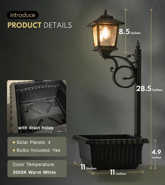 Alt view image 6 of 7 - PASAMIC Solar Lamp Post with Planter, 2 in 1 Outdoor Solar Light Planter with Flower Pot, Waterproof Decorative Solar Lamp Post Light, Wall Mount or Freestanding for Garden, Patio & Porch, Warm White
