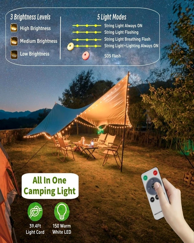 Alt view image 5 of 7 - Solar Camping String Lights, 4 in 1 Remote 39.4 FT Christmas Fairy Lights