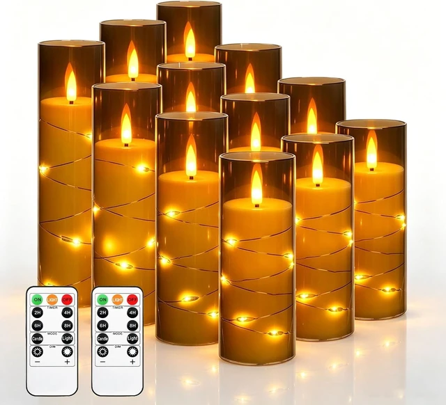 Main image of 12 Pack Gray Acrylic Flameless Taper Candles, Flickering Black Wick LED Candles with Surrounding Fairy String Lights, Heat Resistant ABS Candles, 2 Remotes, Assorted 5-8 Inch for Indoor Outdoor Decor