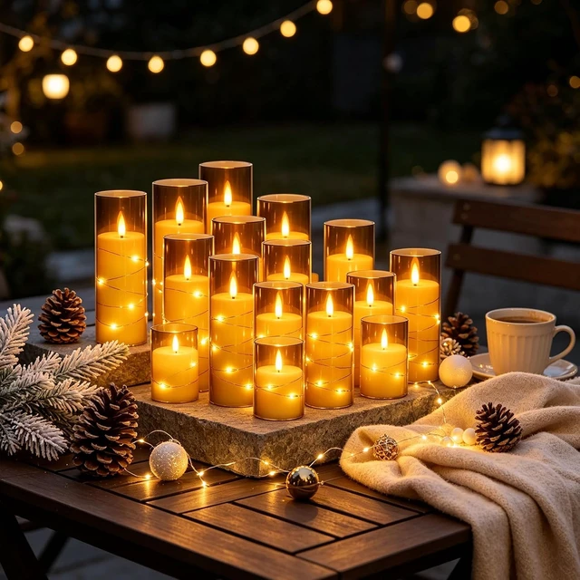 Alt view image 4 of 7 - 12 Pack Gray Acrylic Flameless Taper Candles, Flickering Black Wick LED Candles with Surrounding Fairy String Lights, Heat Resistant ABS Candles, 2 Remotes, Assorted 5-8 Inch for Indoor Outdoor Decor