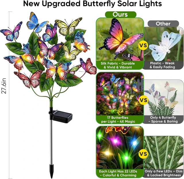 Alt view image 2 of 7 - Solar Lights Outdoor Garden Decor: 2 Pack Colorful LEDs Butterfly Lights