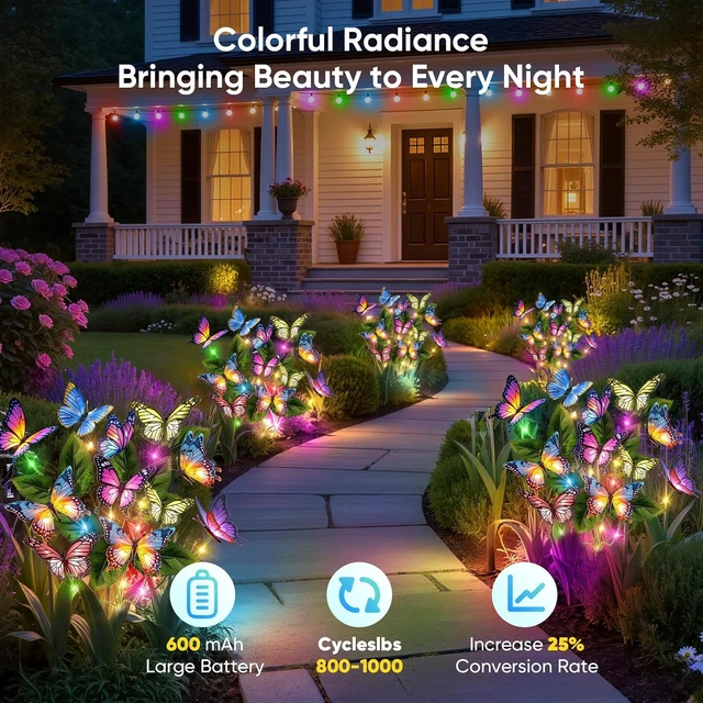 Alt view image 4 of 7 - Solar Lights Outdoor Garden Decor: 2 Pack Colorful LEDs Butterfly Lights