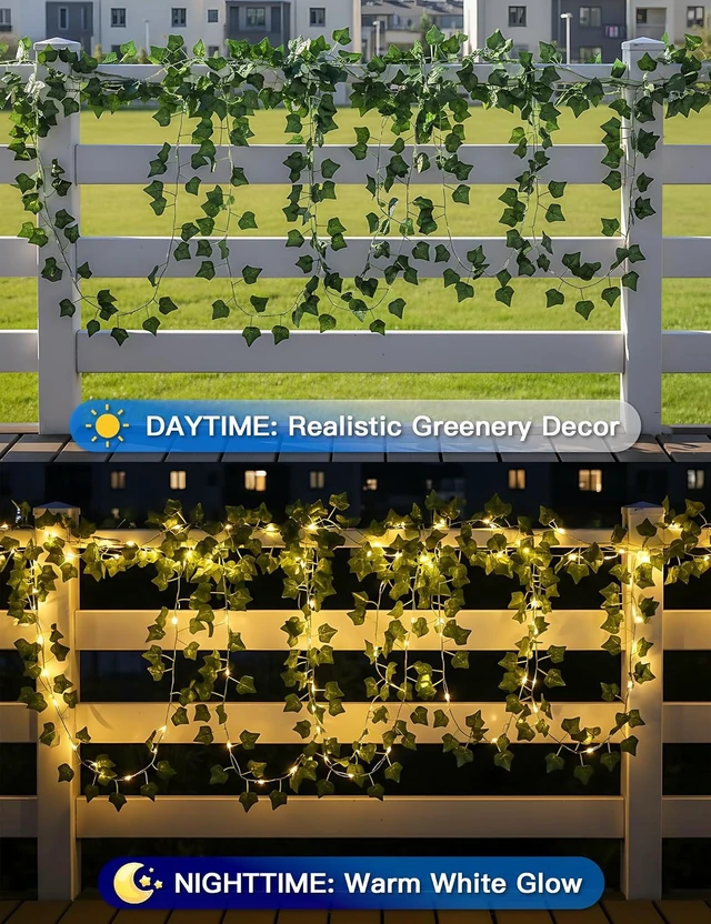 Alt view image 2 of 7 - suddus Solar Ivy String Lights Outdoor Waterproof, 33Ft 100 LED Fake Vines with Lights, Artificial Greenery Leaf Fairy Light for Privacy Fence, Wall, Patio, Garden, Balcony Decor (Warm White)