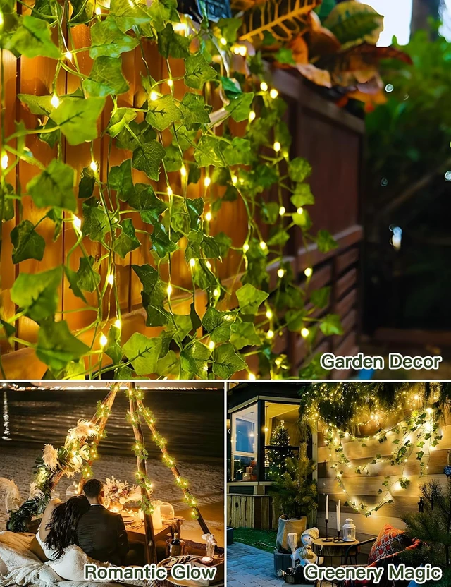 Alt view image 3 of 7 - suddus Solar Ivy String Lights Outdoor Waterproof, 33Ft 100 LED Fake Vines with Lights, Artificial Greenery Leaf Fairy Light for Privacy Fence, Wall, Patio, Garden, Balcony Decor (Warm White)