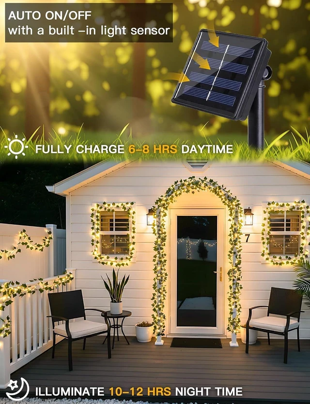 Alt view image 5 of 7 - suddus Solar Ivy String Lights Outdoor Waterproof, 33Ft 100 LED Fake Vines with Lights, Artificial Greenery Leaf Fairy Light for Privacy Fence, Wall, Patio, Garden, Balcony Decor (Warm White)