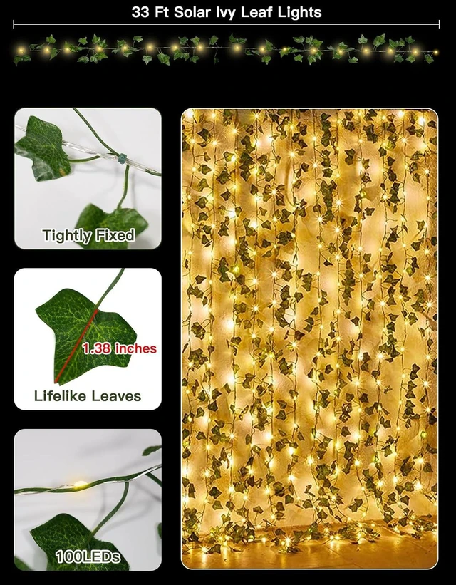 Alt view image 7 of 7 - suddus Solar Ivy String Lights Outdoor Waterproof, 33Ft 100 LED Fake Vines with Lights, Artificial Greenery Leaf Fairy Light for Privacy Fence, Wall, Patio, Garden, Balcony Decor (Warm White)