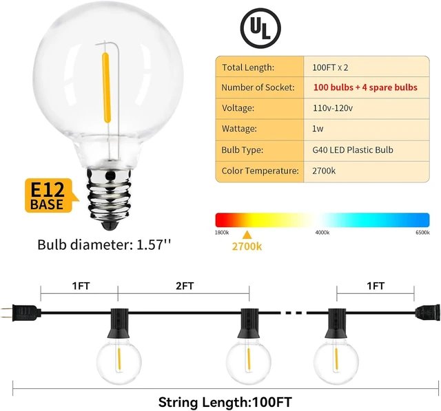 Alt view image 5 of 6 - 200ft 2-Pack Outdoor String Lights,Dimmable G40 LED String Lights with 104 Shatterproof Clear Bulbs UL Approval Waterproof Globe 1W 2700K Outdoor Lighting for Backyard Porch Cafe Party Wedding Garden
