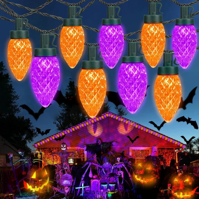Main image of 2PK 100 LED 86FT Connectable C9 Halloween Lights Outdoor, Purple and Orange