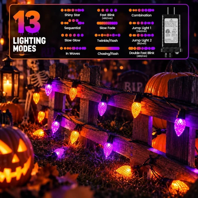Alt view image 2 of 7 - 2PK 100 LED 86FT Connectable C9 Halloween Lights Outdoor, Purple and Orange