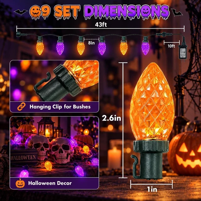Alt view image 4 of 7 - 2PK 100 LED 86FT Connectable C9 Halloween Lights Outdoor, Purple and Orange