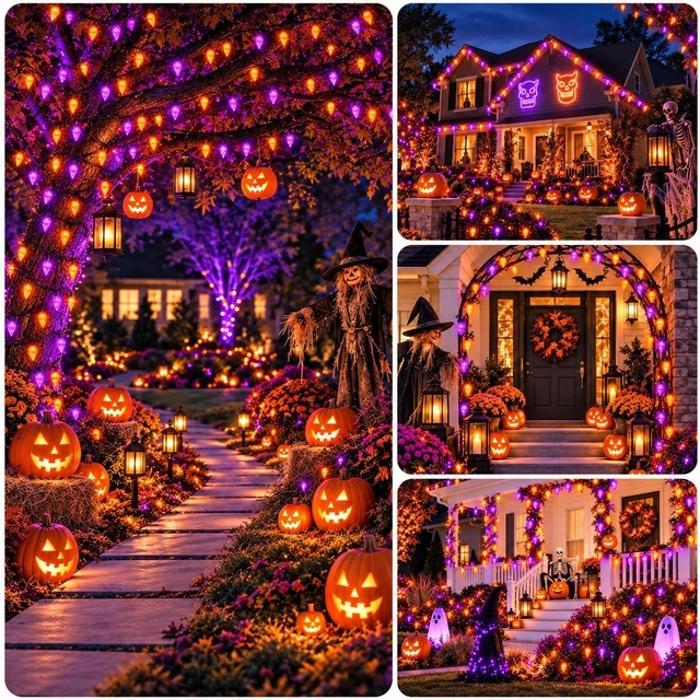 Alt view image 7 of 7 - 2PK 100 LED 86FT Connectable C9 Halloween Lights Outdoor, Purple and Orange
