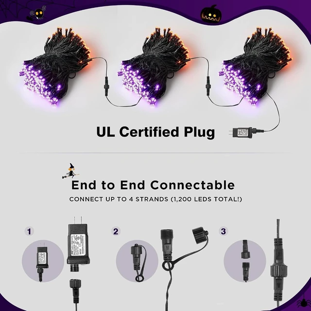 Alt view image 2 of 7 - Halloween Lights 300 LED 108FT Halloween String Lights with 8 Modes, UL Certified, Connectable, Waterproof, Timer for Outdoor Indoor Yard, Porch, Trees, Haunted House Decorations, Orange Purple