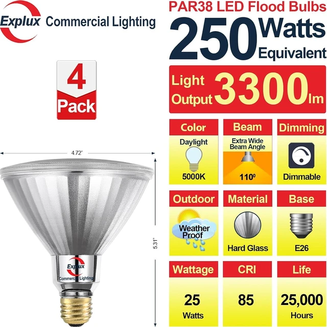 Alt view image 2 of 5 - Explux Full Glass PAR38 Outdoor Flood Light, 250W Equivalent, 5000K, 4-Pack
