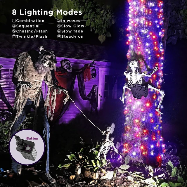 Alt view image 5 of 7 - Halloween Lights 300 LED 108FT Halloween String Lights with 8 Modes, UL Certified, Connectable, Waterproof, Timer for Outdoor Indoor Yard, Porch, Trees, Haunted House Decorations, Orange Purple