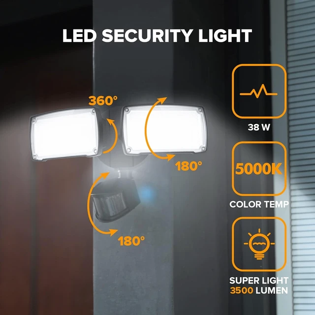 Alt view image 2 of 7 - LUTEC 38W 3500 Lumen LED Motion Activated Integrated Dual-Head Floodlight Outdoor with Motion Sensor, 5000K Daylight, Dusk to Dawn, Exterior Security Wall Light for Patio, Garden, Yard(Black)