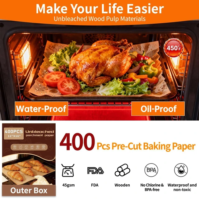 Alt view image 5 of 7 - 400PCS Parchment Paper Baking Sheets, 12"x16" Unbleached Precut Half Parchment Paper for Baking, Non-Stick Baking Paper for Baking, Grillin, Steaming Bread Cookies, Oven, Air Fryer, Microwave