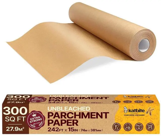 Main image of Unbleached Parchment Paper Roll, 15in x 242ft, 300 Sq.Ft, Non-Stick with Serrated Cutter for Baking, Cooking, Air Fryer