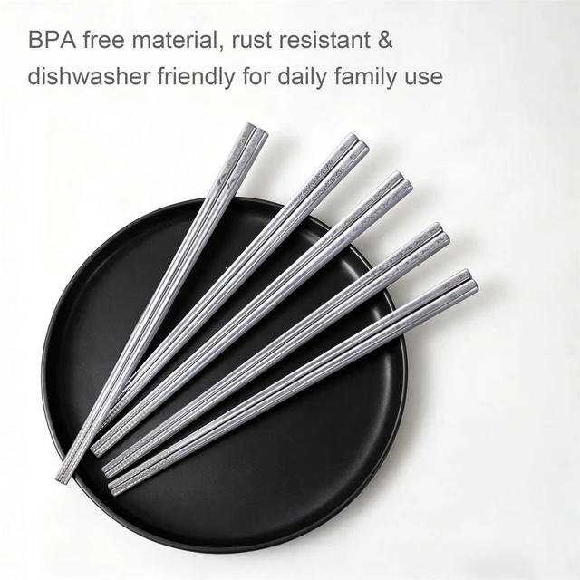 Alt view image 4 of 7 - 5 Pairs LeviLevo Metal Chopsticks Reusable, Chop Sticks for Sushi, Korean & Japanese Dining, Premium Dishwasher Safe Stainless Steel
