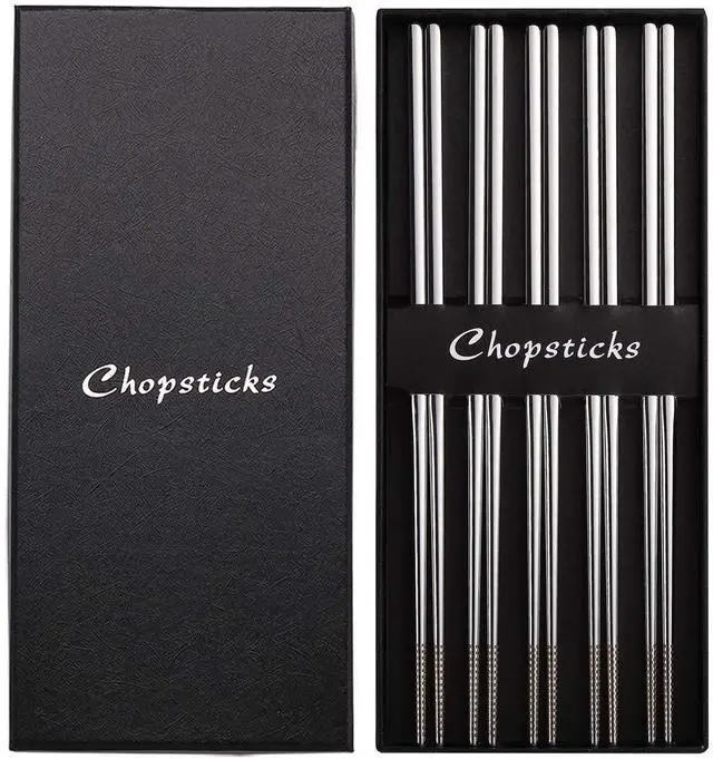 Main image of 5 Pairs Chopsticks Reusable, 18/10 Stainless Steel Metal Chopsticks | Laser Engraved Non-Slip Chop Sticks, Dishwasher Safe Japanese Korean Chopsticks for Eating, 9.45 Inch/24cm, Gift Set, Sliver