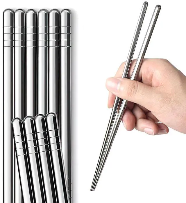 Main image of 304 Stainless Steel Chopsticks, 5 Pairs, Silver | Chopsticks Lightweight, Non-Slip Tips, Reusable, Metal Korean Japanese Style Chopstick for Daily Meals, Dishwasher Safe 9.25"