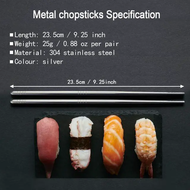Alt view image 3 of 7 - 304 Stainless Steel Chopsticks, 5 Pairs, Silver | Chopsticks Lightweight, Non-Slip Tips, Reusable, Metal Korean Japanese Style Chopstick for Daily Meals, Dishwasher Safe 9.25"