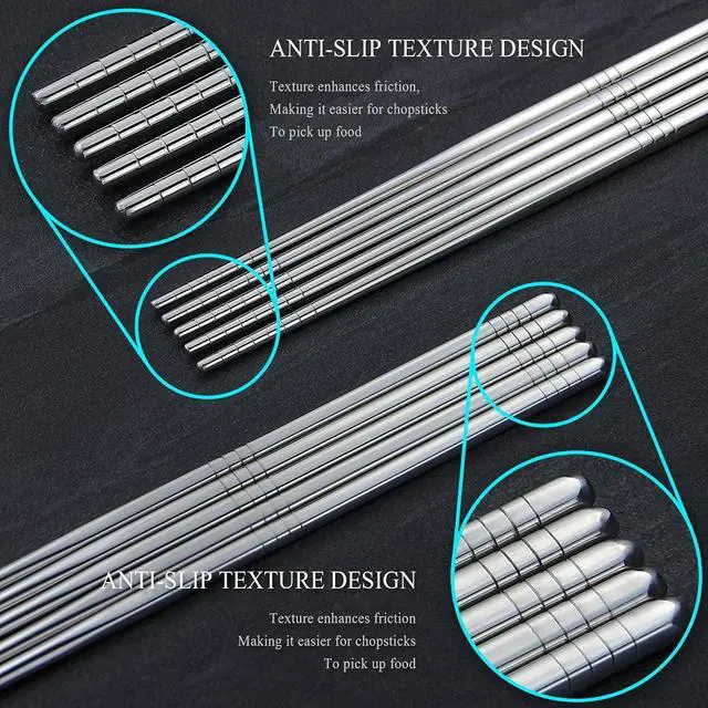 Alt view image 2 of 7 - 304 Stainless Steel Chopsticks, 5 Pairs, Silver | Chopsticks Lightweight, Non-Slip Tips, Reusable, Metal Korean Japanese Style Chopstick for Daily Meals, Dishwasher Safe 9.25"