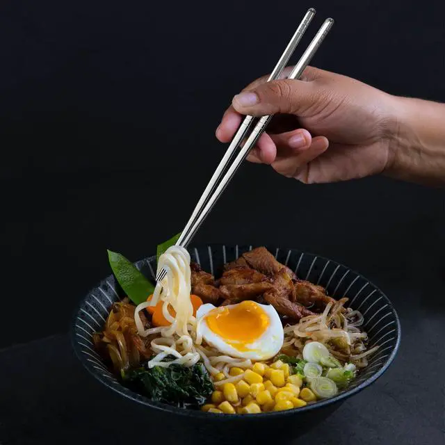 Alt view image 5 of 7 - 304 Stainless Steel Chopsticks, 5 Pairs, Silver | Chopsticks Lightweight, Non-Slip Tips, Reusable, Metal Korean Japanese Style Chopstick for Daily Meals, Dishwasher Safe 9.25"