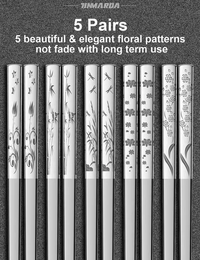 Alt view image 2 of 6 - Metal Chopsticks Reusable 18/8 Stainless Steel Sleek Engraving Patterns Chop Sticks Reusable Dishwasher Safe Non-Slip Chopsticks+Flower Silver 5 Pairs