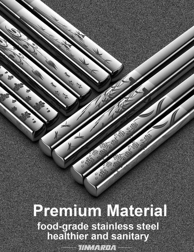 Alt view image 3 of 6 - Metal Chopsticks Reusable 18/8 Stainless Steel Sleek Engraving Patterns Chop Sticks Reusable Dishwasher Safe Non-Slip Chopsticks+Flower Silver 5 Pairs