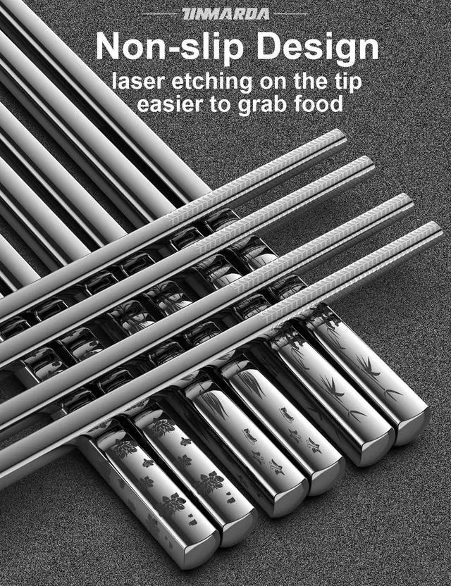 Alt view image 4 of 6 - Metal Chopsticks Reusable 18/8 Stainless Steel Sleek Engraving Patterns Chop Sticks Reusable Dishwasher Safe Non-Slip Chopsticks+Flower Silver 5 Pairs