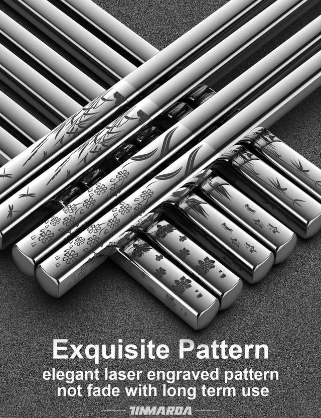 Alt view image 6 of 6 - Metal Chopsticks Reusable 18/8 Stainless Steel Sleek Engraving Patterns Chop Sticks Reusable Dishwasher Safe Non-Slip Chopsticks+Flower Silver 5 Pairs