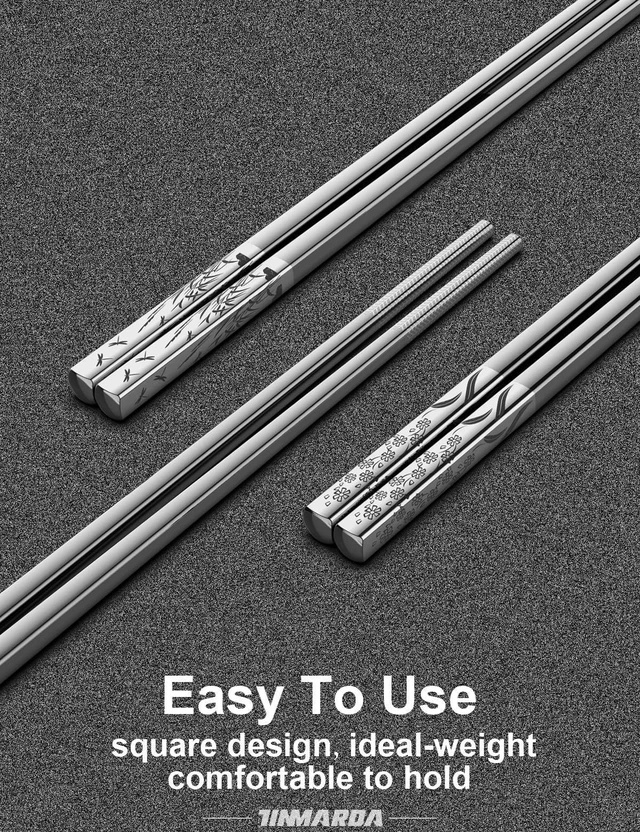 Alt view image 5 of 6 - Metal Chopsticks Reusable 18/8 Stainless Steel Sleek Engraving Patterns Chop Sticks Reusable Dishwasher Safe Non-Slip Chopsticks+Flower Silver 5 Pairs