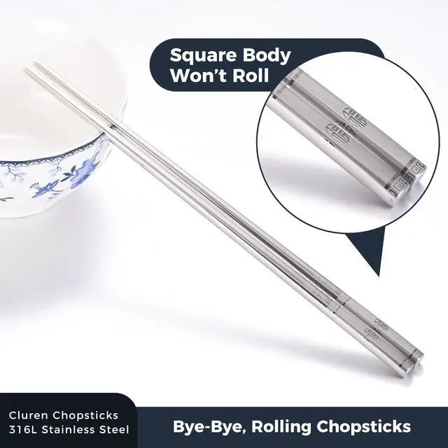 Alt view image 3 of 7 - Premium 316L Stainless Steel Chopsticks Set (5 Pair silver) - Reusable Metal Chopsticks with Laser Etching, Elegant Gift Box, Dishwasher Safe