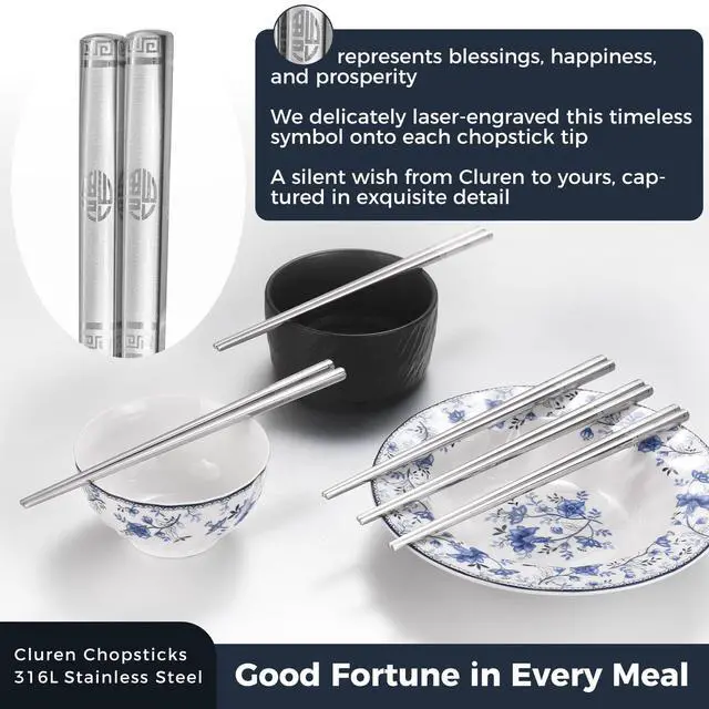Alt view image 2 of 7 - Premium 316L Stainless Steel Chopsticks Set (5 Pair silver) - Reusable Metal Chopsticks with Laser Etching, Elegant Gift Box, Dishwasher Safe