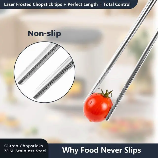 Alt view image 4 of 7 - Premium 316L Stainless Steel Chopsticks Set (5 Pair silver) - Reusable Metal Chopsticks with Laser Etching, Elegant Gift Box, Dishwasher Safe